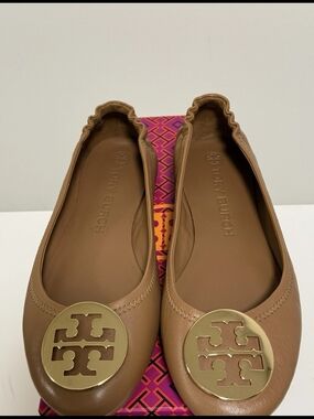 Tory Burch Camel Leather Flats with Gold Logo Medallion